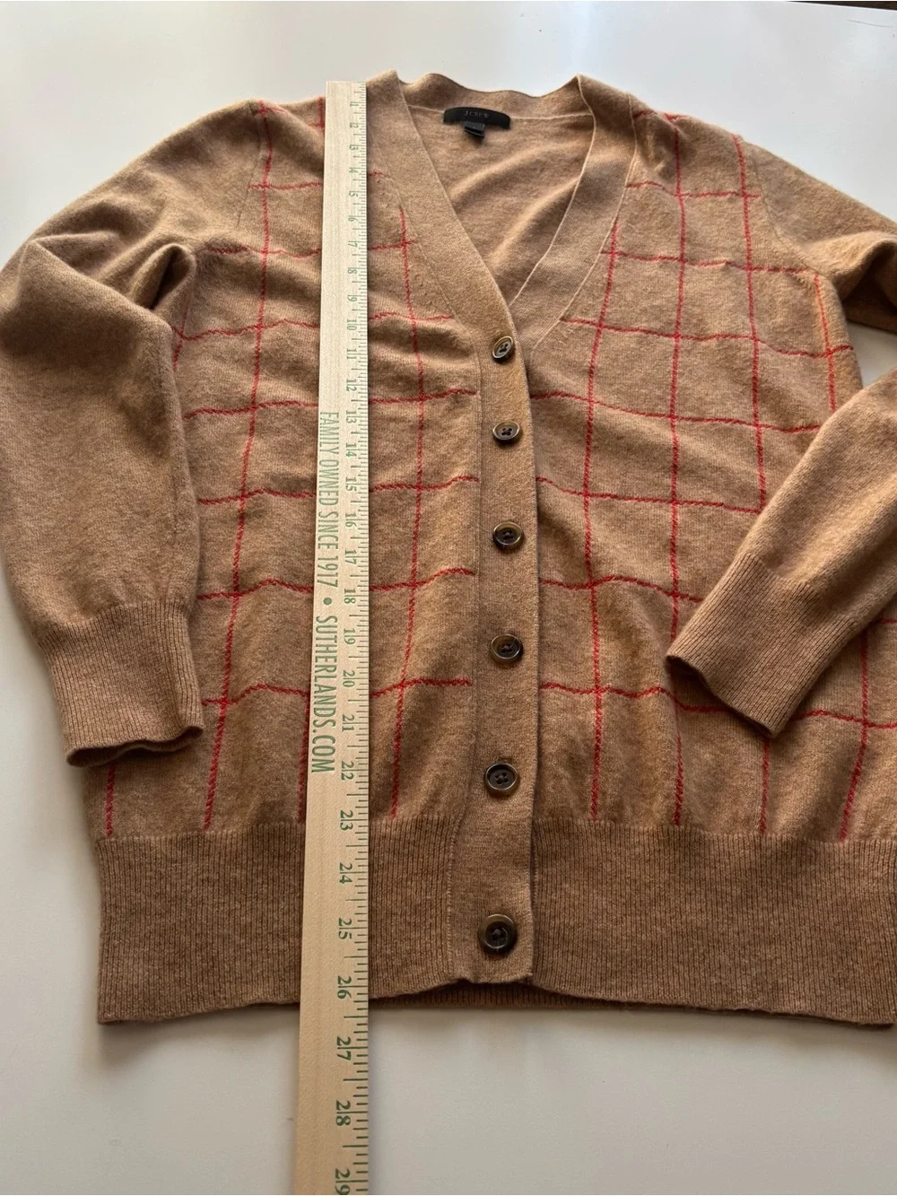 J Crew wool cashmere blend windowpane plaid cardigan Small tan red v neck